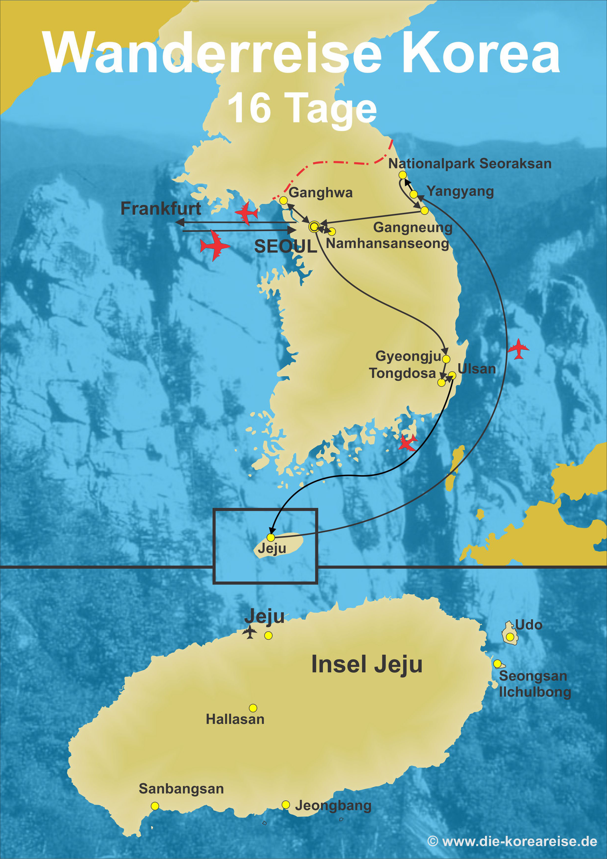 Karte der Reiseroute fuer den Urlaub in Korea