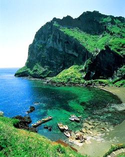 Sattes Grün am strahlend türkisblauen Meer am Fuß des Sonnenaufgangskraters. UNESCO Seongsan Ilchulbong Krater, Jeju.jpg