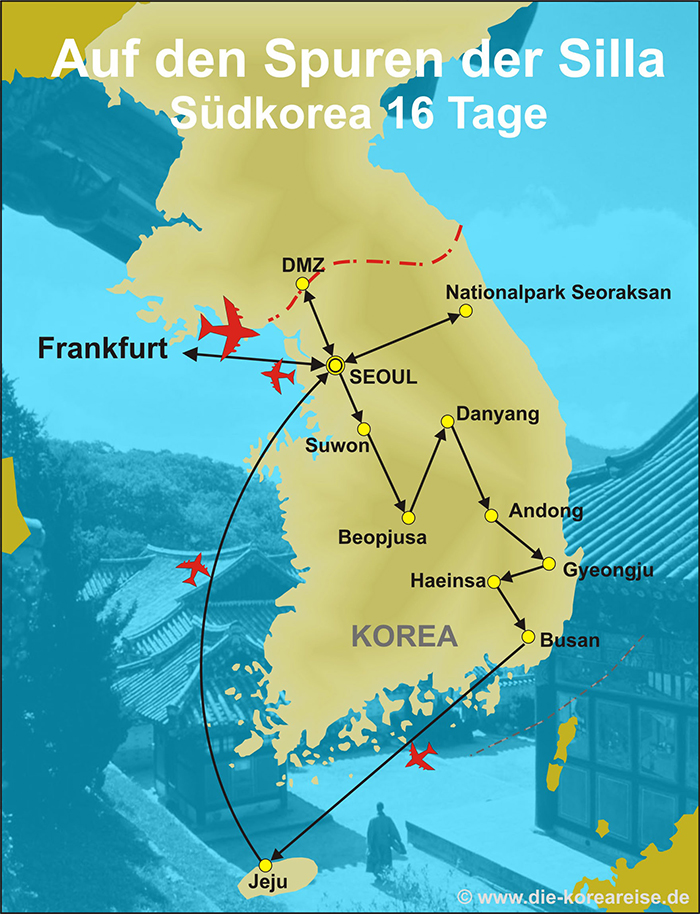 Karte der Reiseroute fuer den Urlaub in Korea