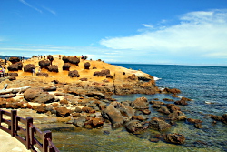 Die von der Natur geschaffenen Felsformationen bilden eine erstaunliche Kette von kunstvoll geformten Steinskulpturen. Yehliu-Geopark im Nordwesten Taiwans