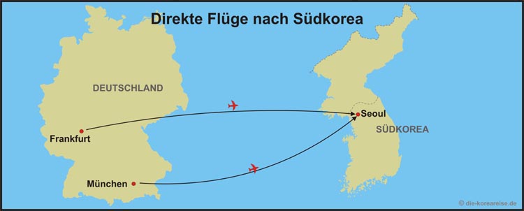 Direkt Flüge nach Korea Karte des direkten Flug nach Korea von Deutschland
